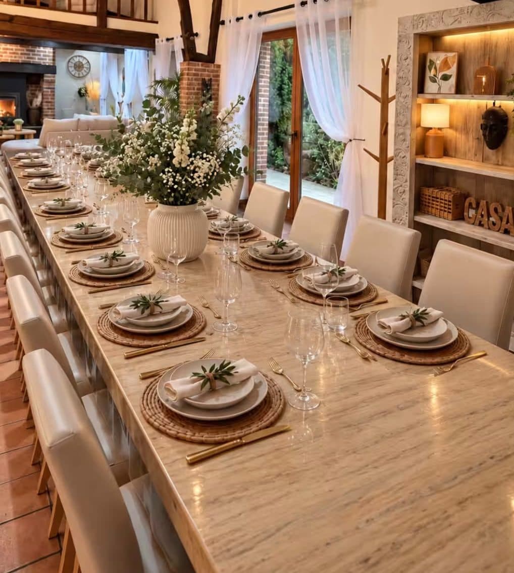 Lange gedekte tafel met bloemen in de villa